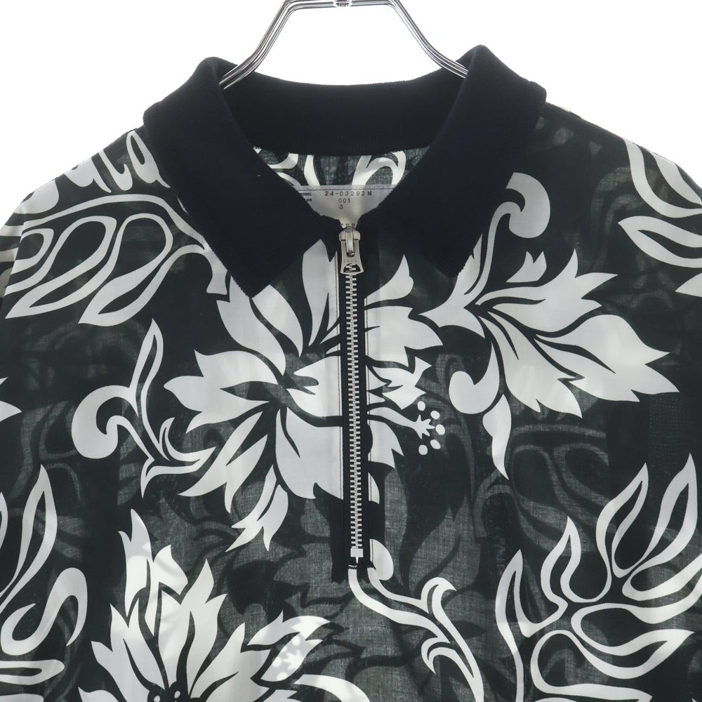 Sacai(サカイ) FLORAL PRINT SHIRT 花柄 ジップアップ 半袖カットソー 24-03292M ブラック/ホワイト