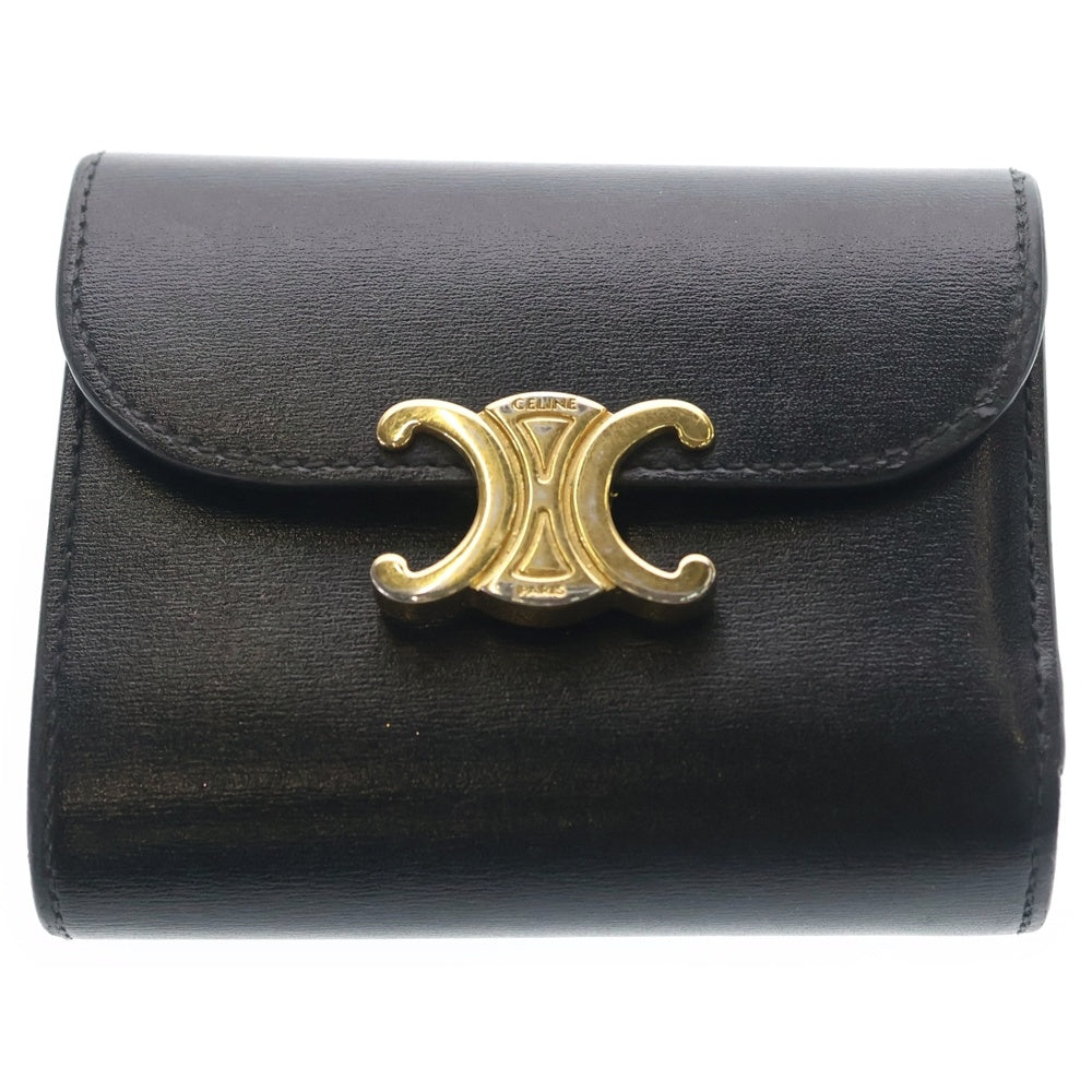 CELINE(セリーヌ) トリオンフ スモールフラップウォレット 三つ折り財布 コンパクトウォレット コインケース ブラック レザー ゴールド金具 レディース