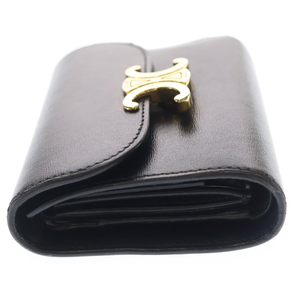 CELINE(セリーヌ) トリオンフ スモールフラップウォレット 三つ折り財布 コンパクトウォレット コインケース ブラック レザー ゴールド金具 レディース
