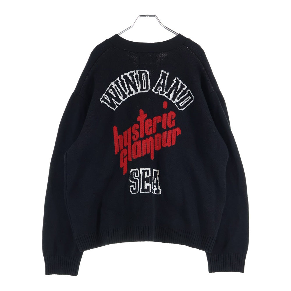 HYSTERIC GLAMOUR(ヒステリックグラマー) ×WIND AND SEA ウィンダンシー ロゴ ニット 2ポケット カーディガン ブラック WDS-C-HYS-23-AP-Q1-11