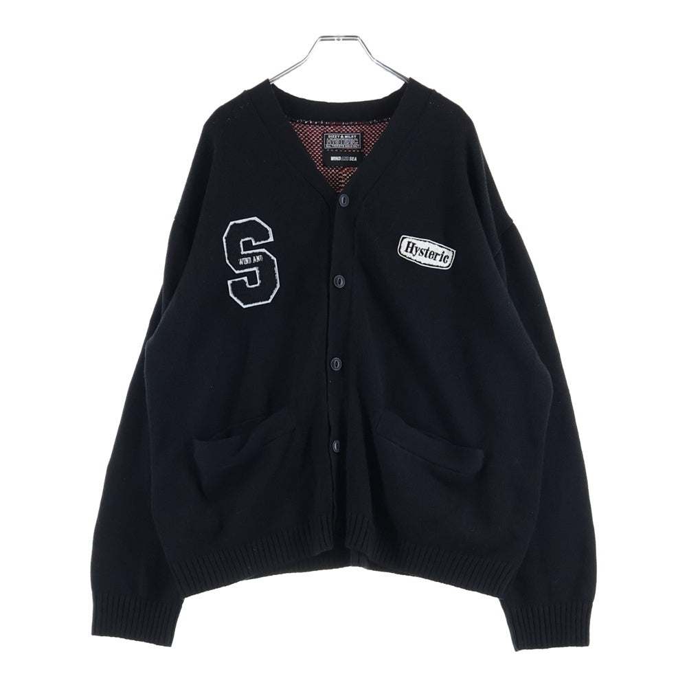 HYSTERIC GLAMOUR(ヒステリックグラマー) ×WIND AND SEA ウィンダンシー ロゴ ニット 2ポケット カーディガン ブラック WDS-C-HYS-23-AP-Q1-11