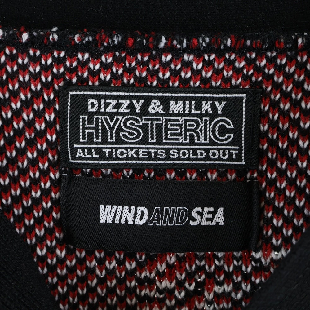 HYSTERIC GLAMOUR(ヒステリックグラマー) ×WIND AND SEA ウィンダンシー ロゴ ニット 2ポケット カーディガン ブラック WDS-C-HYS-23-AP-Q1-11