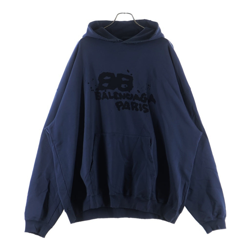 BALENCIAGA(バレンシアガ) 23SS Hand Drawn BB Icon Hoodieダメージ加工ロゴ オーバーサイズ プルオーバーパーカー ネイビー 620973 TNVQ1