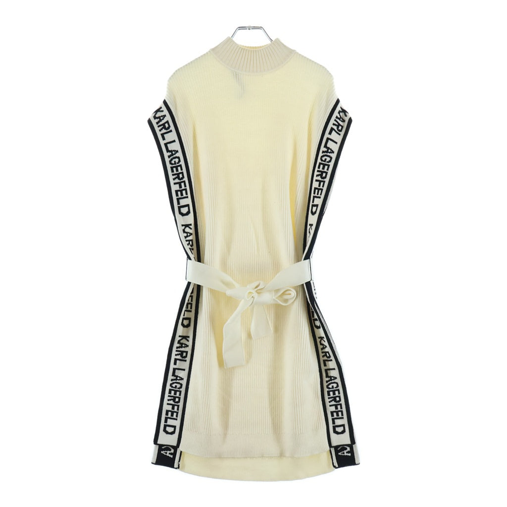 Karl Lagerfeld(カールラガーフェルト) BELTED LOGO PONCHO ベルト ロゴ ニット ノースリーブ ポンチョ ホワイト レディース