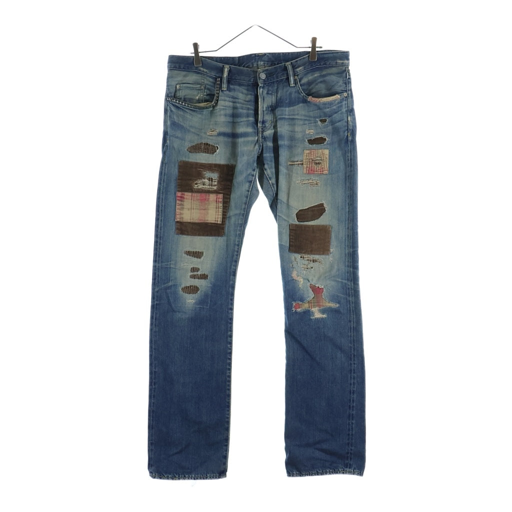 HYSTERIC GLAMOUR(ヒステリックグラマー) ピラミッドスタッズパッチワークダメージデニムパンツ コーデュロイリペア加工ジーンズ インディゴ