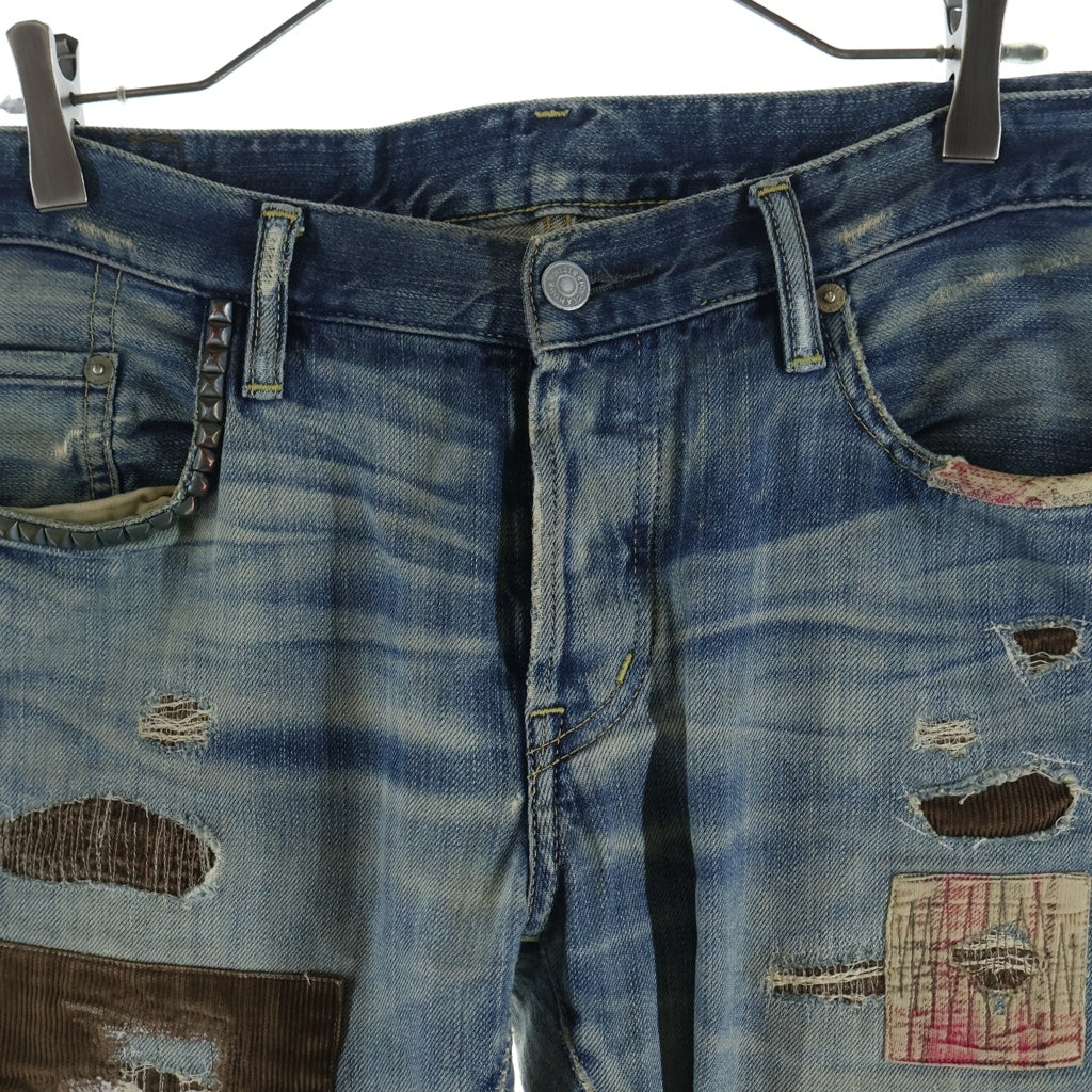 HYSTERIC GLAMOUR(ヒステリックグラマー) ピラミッドスタッズパッチワークダメージデニムパンツ コーデュロイリペア加工ジーンズ インディゴ