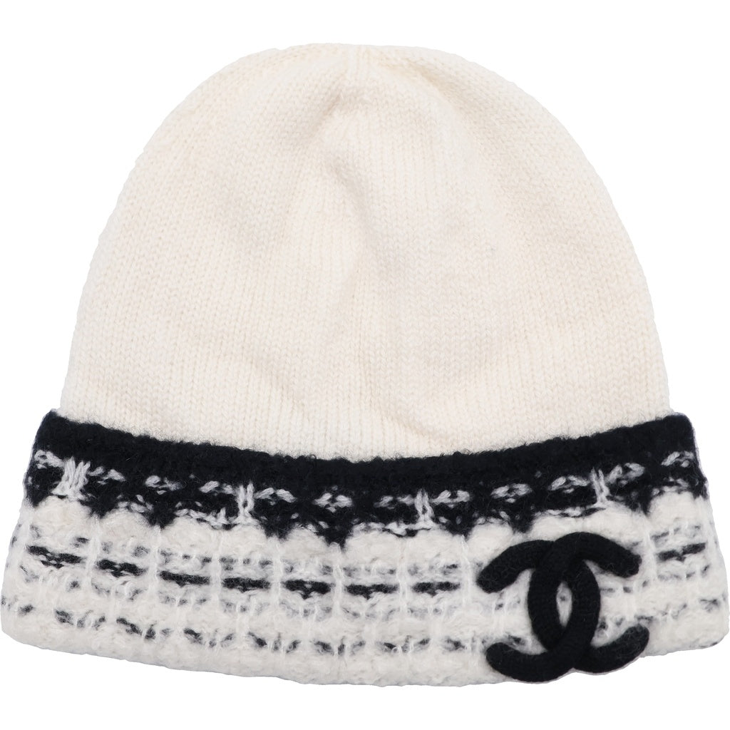 CHANEL(シャネル) ココマーク カシミヤウール ニット帽 ビーニー レディース ホワイト/ブラック -