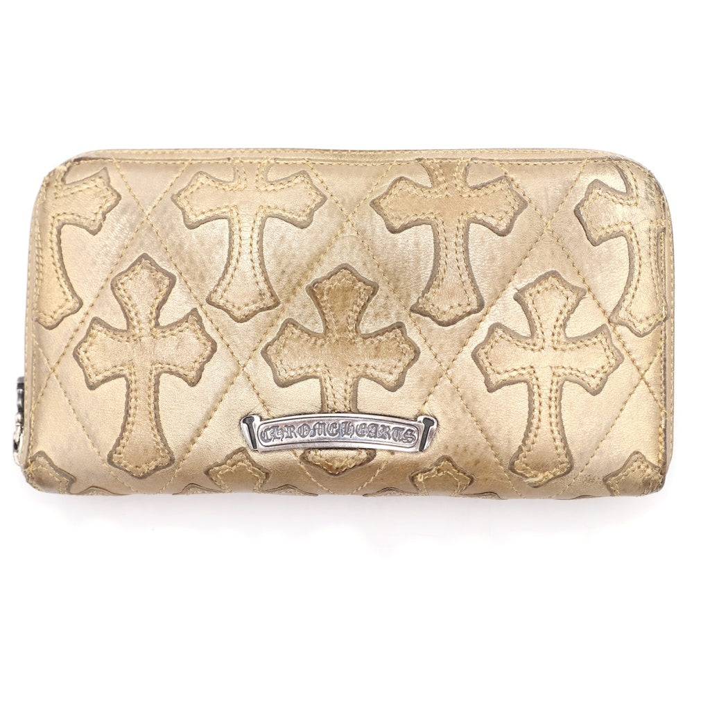 CHROME HEARTS(クロムハーツ) REC F ZIP QUILTED WALLET セメタリークロス キルティング レザーロングウォレット 長財布 ゴールド -