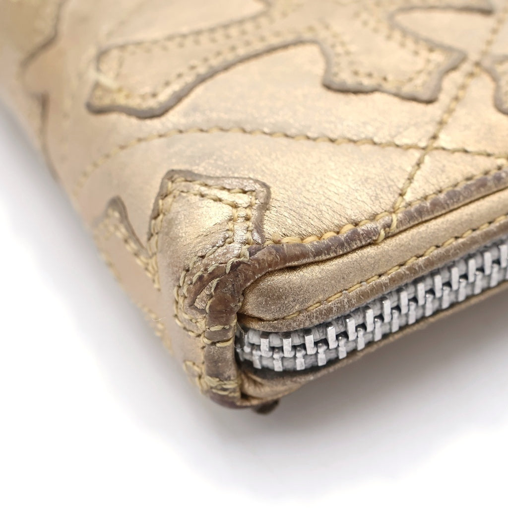 CHROME HEARTS(クロムハーツ) REC F ZIP QUILTED WALLET セメタリークロス キルティング レザーロングウォレット 長財布 ゴールド -
