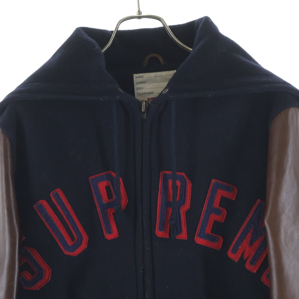 SUPREME(シュプリーム) 12AW Hooded Varsity Jacket フーディーバーシティージャケット レザー切り替えスタジャン ネイビー/ブラウン -