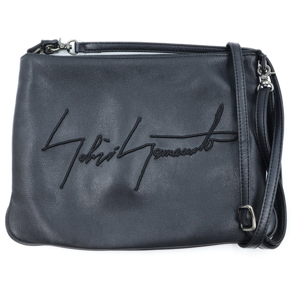discord Yohji Yamamoto(ディスコード ヨウジヤマモト) Signature Sacoche シグネチャー ロゴ エンブロイダリーレザーショルダーバッグ サコッシュ ブラック DA-I98-790