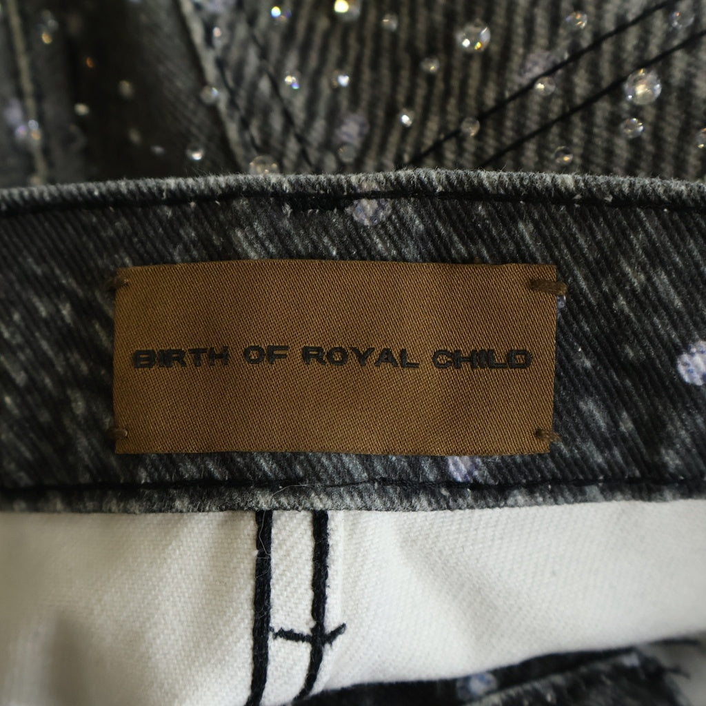 BIRTH OF ROYAL CHILD(バースオブロイヤルチャイルド) 3D Printing Washed 20k Swarovski Diamond Boro Denim ダメージ加工 ラインストーン装飾 デニムパンツ グレー