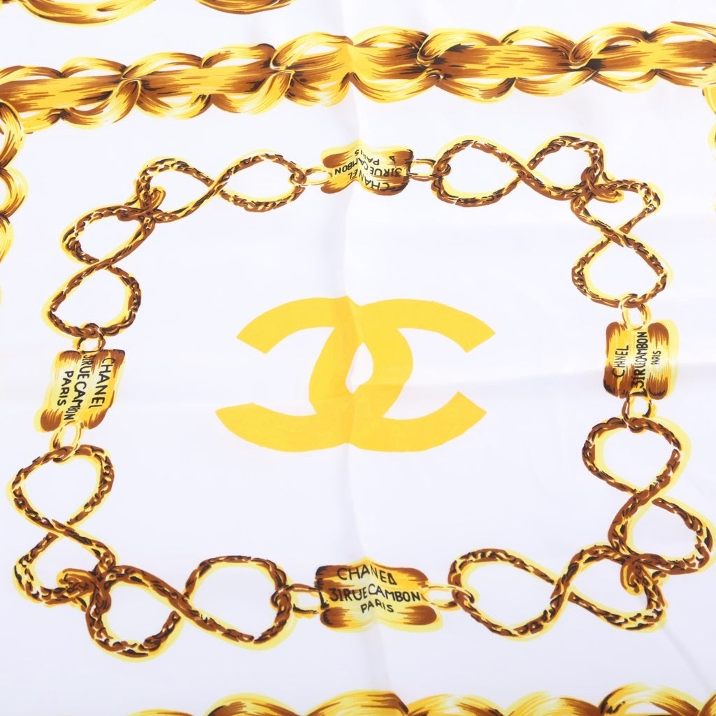 CHANEL(シャネル) ノベルティ 大判スカーフ ゴールドチェーン柄 シルク スカーフ ホワイト レディース
