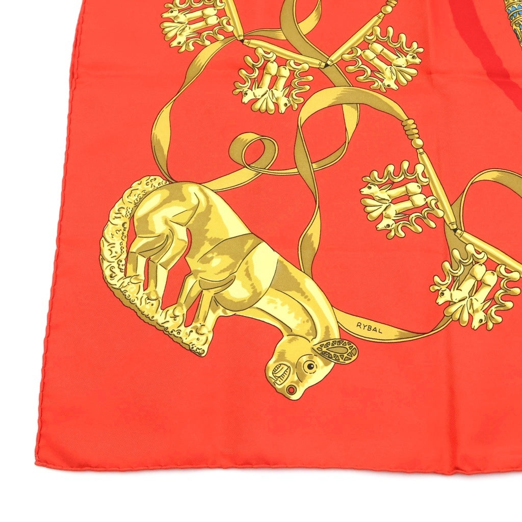 HERMES(エルメス) LES CAVALIERS DOR 黄金の騎士 カレ90 シルク スカーフ レッド レディース