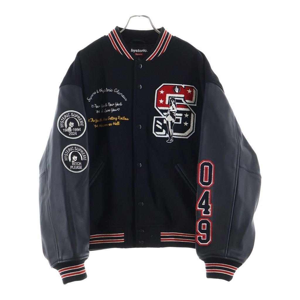 SUPREME(シュプリーム) 24AW ×HYSTERIC GLAMOUR Varsity Jacket ヒステリックグラマー 袖レザー/パッチロゴ ヴァーシティージャケット ブラック