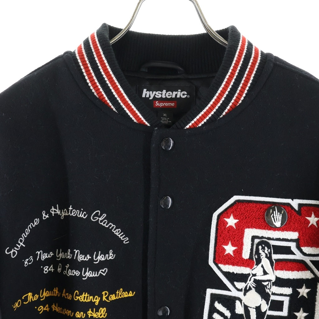 SUPREME(シュプリーム) 24AW ×HYSTERIC GLAMOUR Varsity Jacket ヒステリックグラマー 袖レザー/パッチロゴ ヴァーシティージャケット ブラック