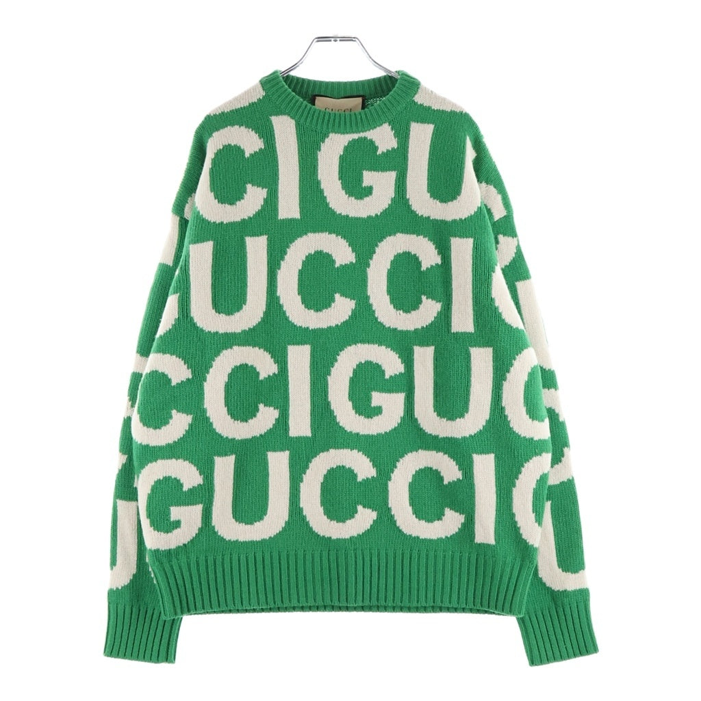 GUCCI(グッチ) umbo Logo Intarsia Crewneck ジャンボロゴインタルシアクルーネック ウールニットセーター グリーン 763672 XKDLV