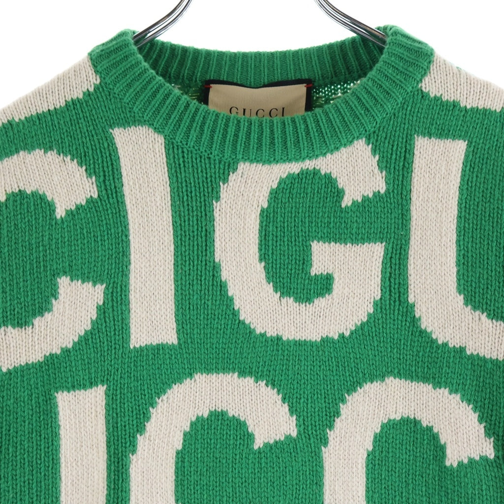 GUCCI(グッチ) umbo Logo Intarsia Crewneck ジャンボロゴインタルシアクルーネック ウールニットセーター グリーン 763672 XKDLV