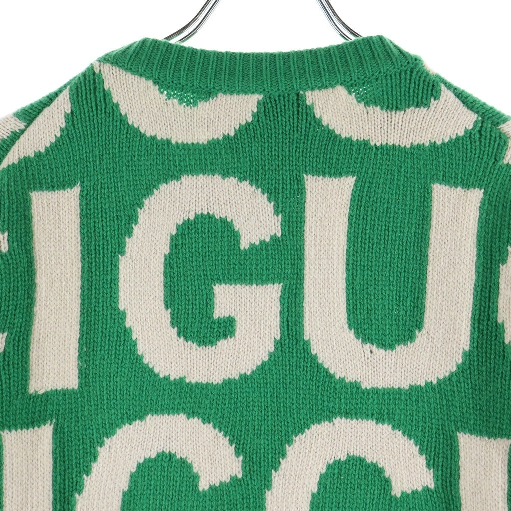 GUCCI(グッチ) umbo Logo Intarsia Crewneck ジャンボロゴインタルシアクルーネック ウールニットセーター グリーン 763672 XKDLV