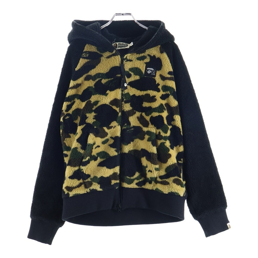 A BATHING APE(アベイシングエイプ) 1st CAMO BOA HULL ZIP HOODIE 1stカモ ボア フルジップフーディー フリースジップアップパーカー ベージュ/ブラック 001HJB801005X