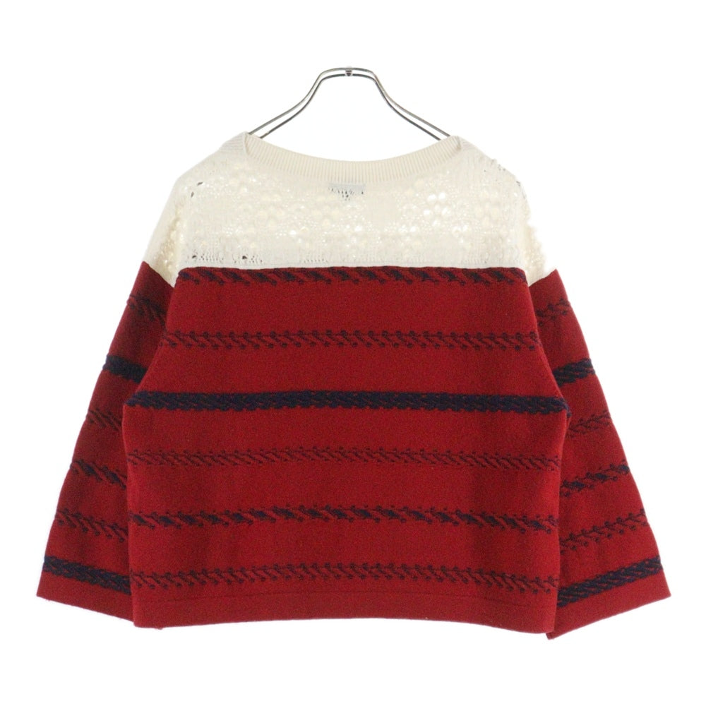 CHANEL(シャネル) ココマーク ロゴプレート レース編み ボーダー柄 バイカラー カシミヤ プルオーバー 長袖 ニット セーター レッド/ホワイト レディース P70304K10003