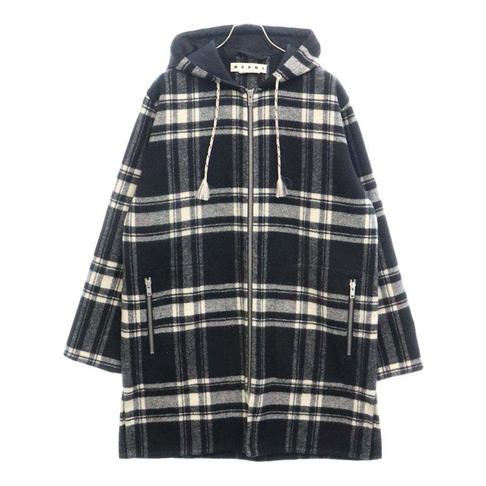 MARNI(マルニ) チェック柄 ウール ジップアップフーデッドコート ブラック/ホワイト TUMU0011A0 S49422