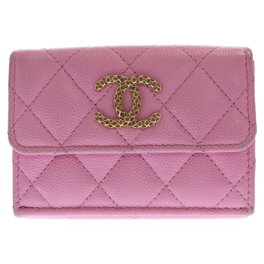 CHANEL(シャネル) クラシックスモールフラップウォレット キャビアスキン キルティング三つ折財布 レディース ピンク/グリーン