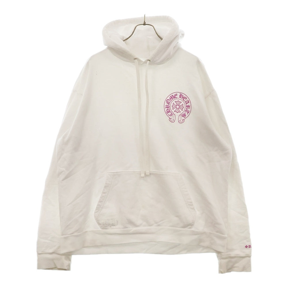 CHROME HEARTS(クロムハーツ) WWW.CHROMEHEARTS.COM HOODIE オンライン限定ホースシューバックプリントプルオーバーパーカー ホワイト/ピンク