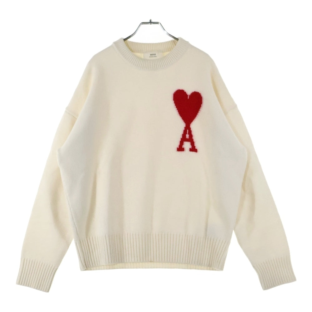 ami paris(アミパリス) ハートロゴ クルーネック ロングスリーブ 長袖ニット セーター ホワイト UKS002.018