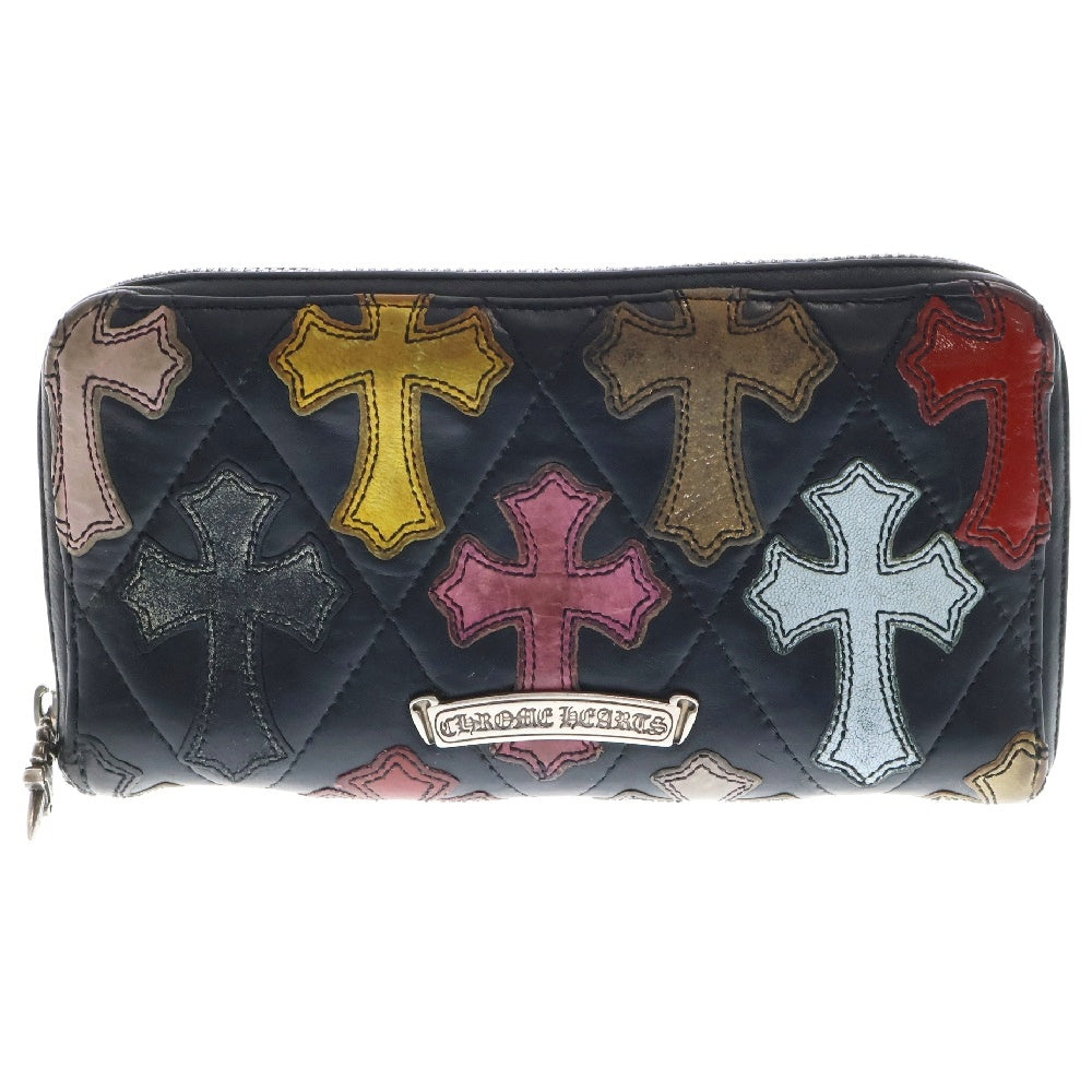 CHROME HEARTS(クロムハーツ) REC F ZIP/QUILTED マルチカラーセメタリークロスパッチ キルティングレザーウォレット 長財布 ブラック/マルチカラー