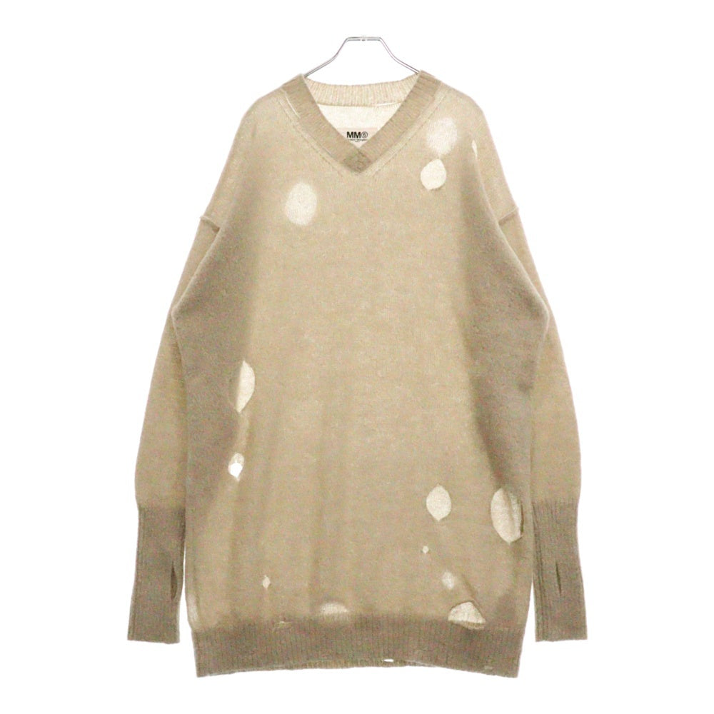 MM6 Maison Margiela(エムエムシックスメゾンマルジェラ) 23AW V NECK Damage Kint Sweater S52HN0003 S18289 Vネック ダメージ加工 エルボーパッチ ニットセーター ベージュ