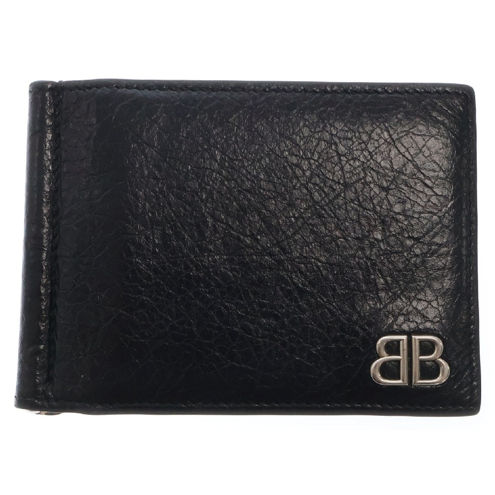 BALENCIAGA(バレンシアガ) BBモナコロゴマネークリップ 二つ折り財布 レザーウォレット ブラック 792665