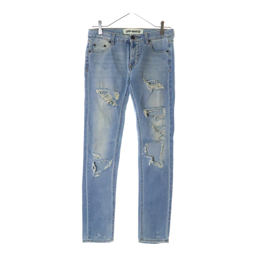 OFF-WHITE(オフホワイト) Slim Split Jeans バックバイアス刺繍デザイン スリムスプリット ダメージデニムパンツ ジーンズ インディゴ