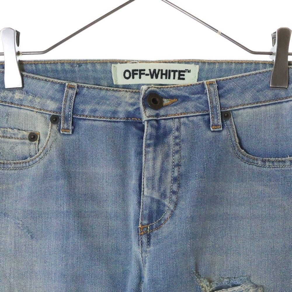 OFF-WHITE(オフホワイト) Slim Split Jeans バックバイアス刺繍デザイン スリムスプリット ダメージデニムパンツ ジーンズ インディゴ