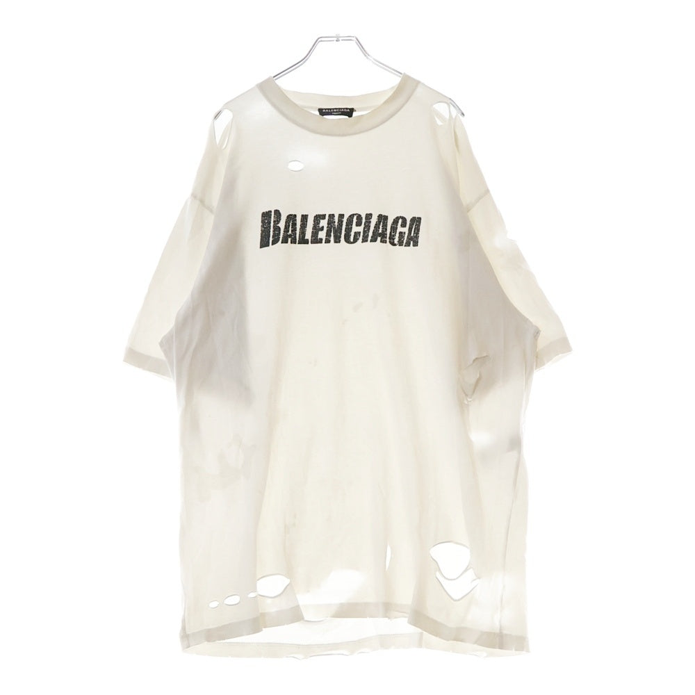 BALENCIAGA(バレンシアガ) 21SS デストロイ加工 ロゴプリント 半袖Tシャツ カットソー ホワイト 651795 TKVB8