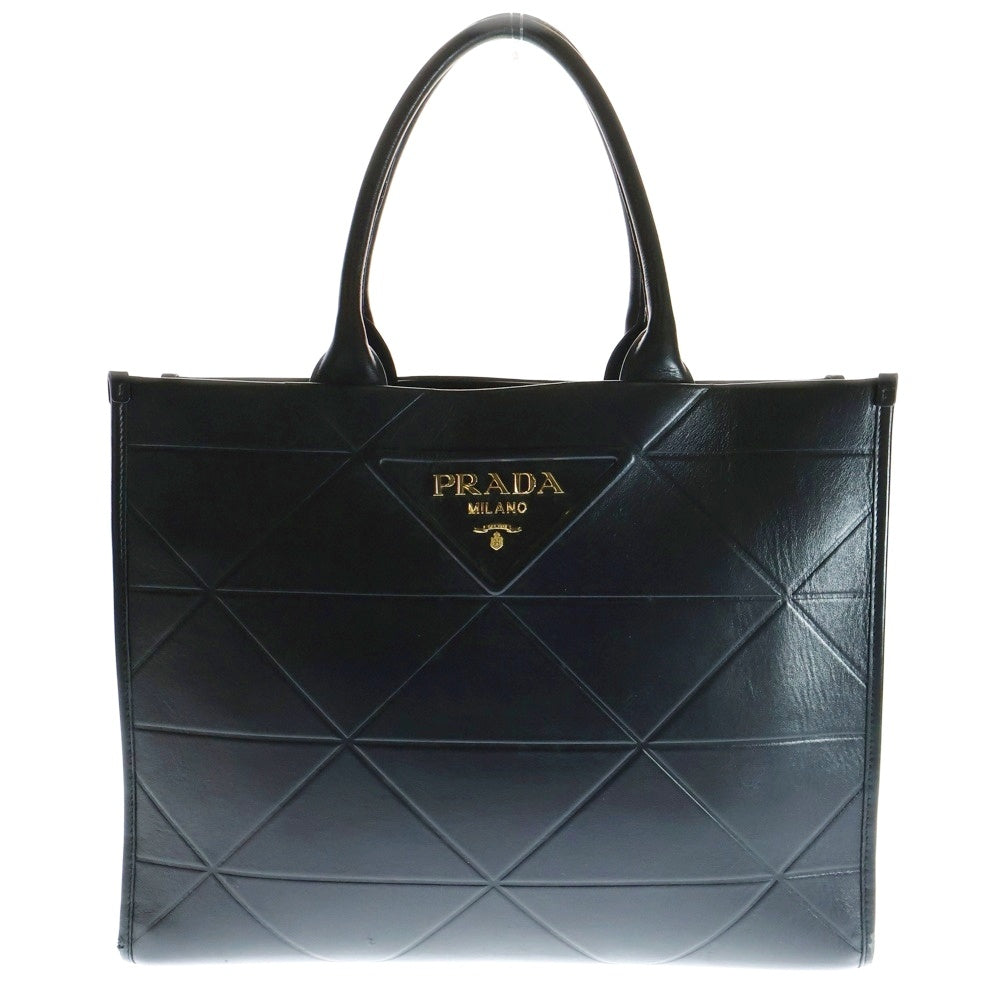 PRADA(プラダ) シンボルステッチ ロゴ レザー トートバッグ ラージ ブラック/ゴールド 1BA377
