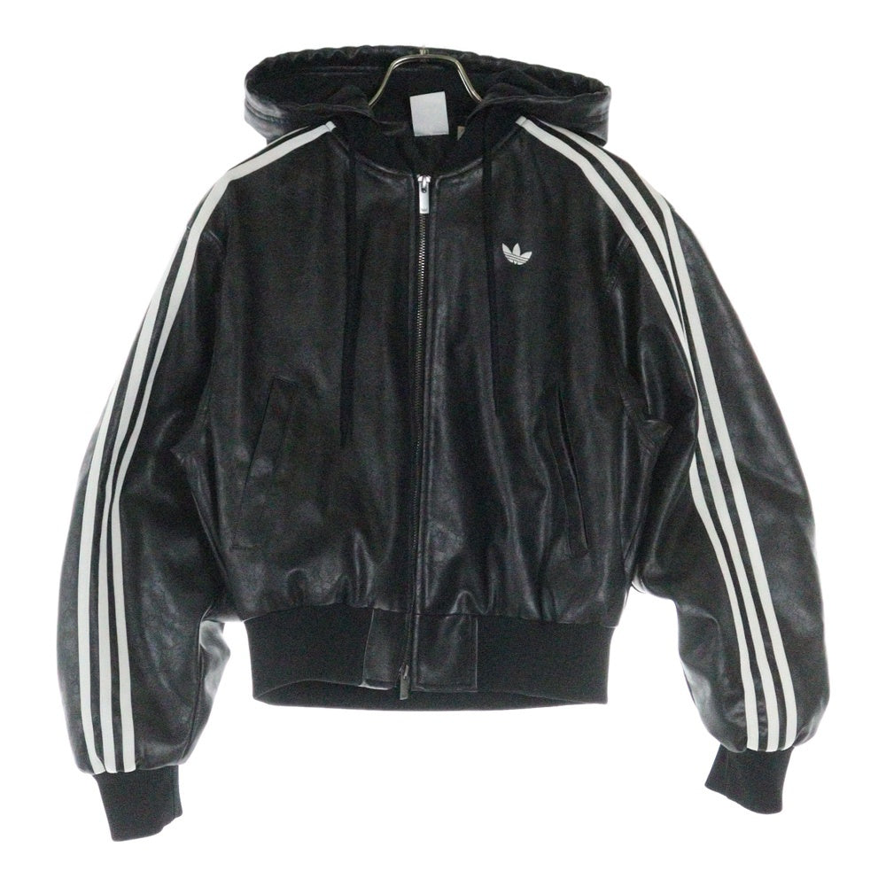 adidas Originals(アディダスオリジナルス) Adilenium Season3 FAUX LEATHER JUCKET JX9225 ヴィンテージ加工 フェイクレザー フーデッドブルゾンジャケット ブラック