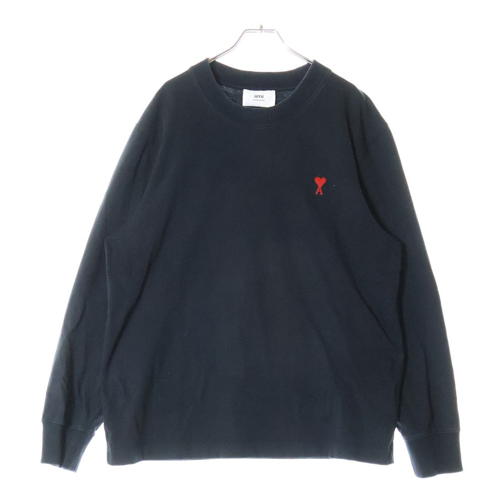 AMI Alexandre Mattiussi(アミアレクサンドルマテュッシ) AMI DE COEUR LS T-SHIRT フロントワンポイントロゴ刺繍 クルーネック長袖ロングスリーブTシャツカットソー ロンT ブラック UTS200.701