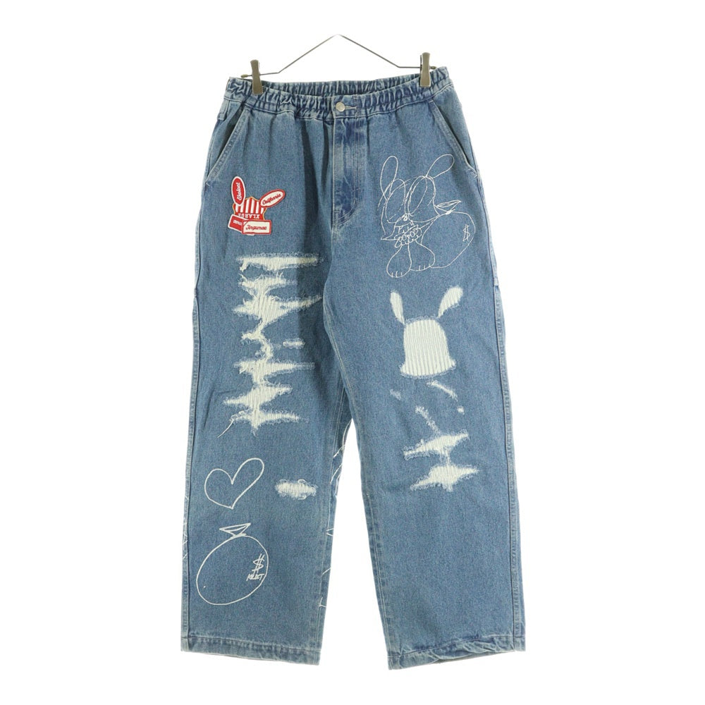 X-LARGE(エクストララージ) 23AW EASY DENIM PANTS ダメージ加工 フロントデザイン イージーデニムパンツ ジーンズ インディゴ 101233031025