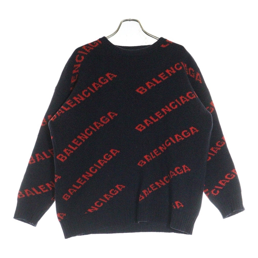 BALENCIAGA(バレンシアガ) 18SS ALLOVER LOGO CREWNECK KNIT 総柄ロゴニットセーター ネイビー 555279
