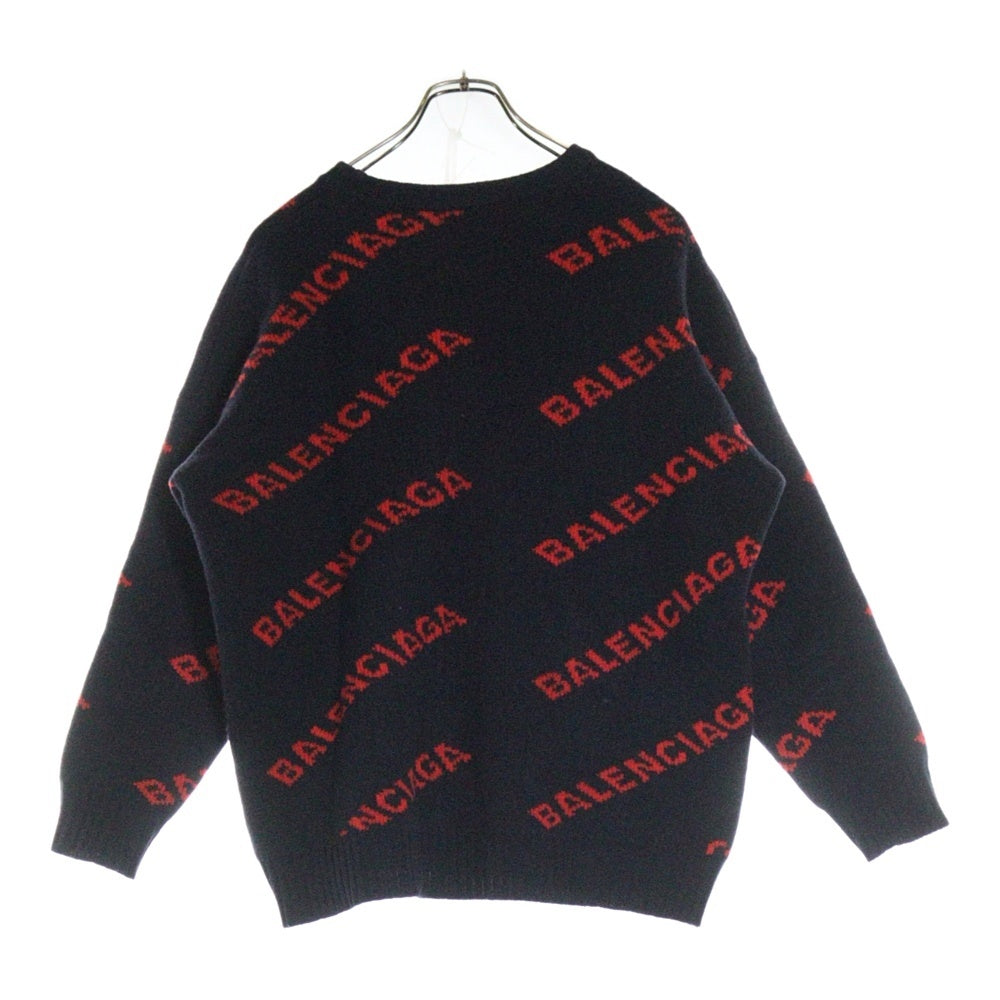 BALENCIAGA(バレンシアガ) 18SS ALLOVER LOGO CREWNECK KNIT 総柄ロゴニットセーター ネイビー 555279