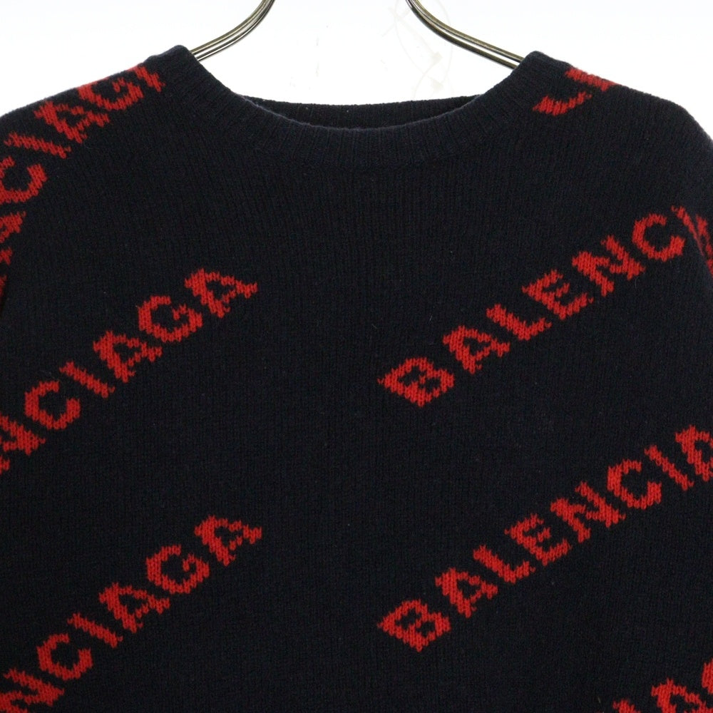 BALENCIAGA(バレンシアガ) 18SS ALLOVER LOGO CREWNECK KNIT 総柄ロゴニットセーター ネイビー 555279