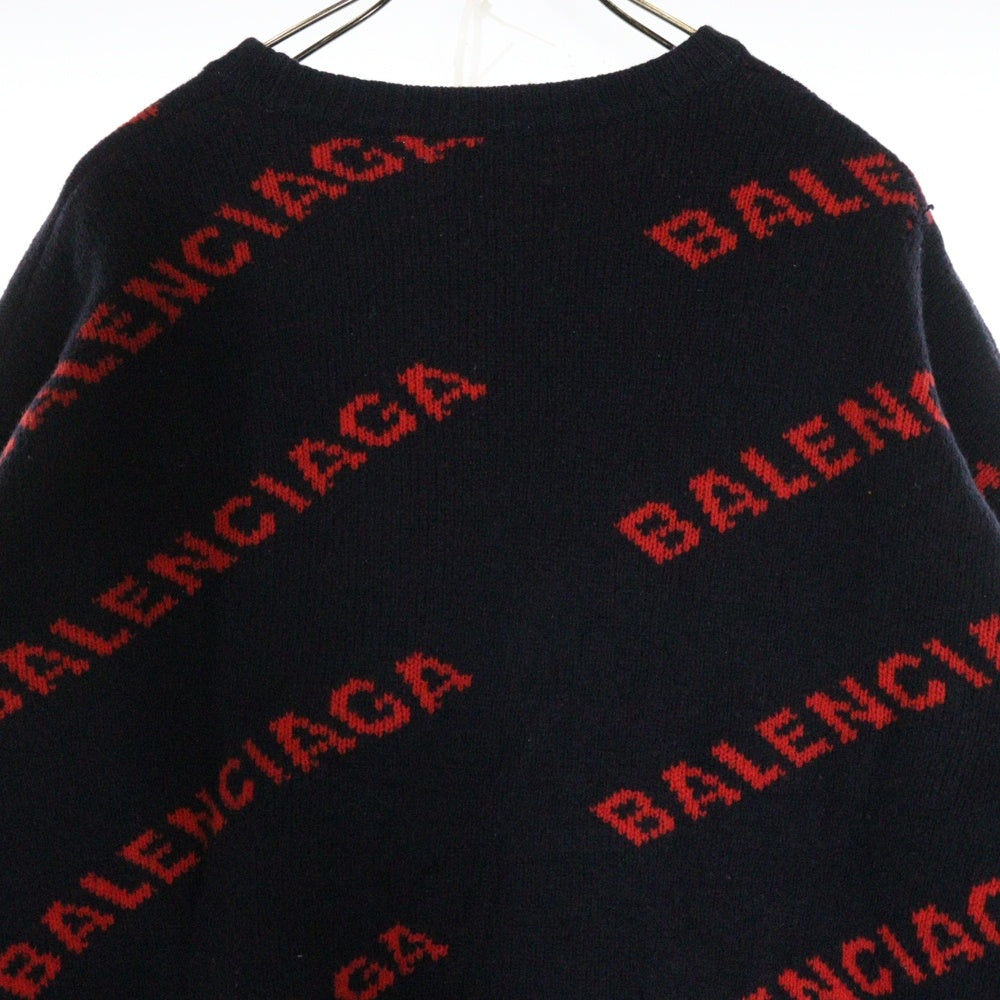 BALENCIAGA(バレンシアガ) 18SS ALLOVER LOGO CREWNECK KNIT 総柄ロゴニットセーター ネイビー 555279