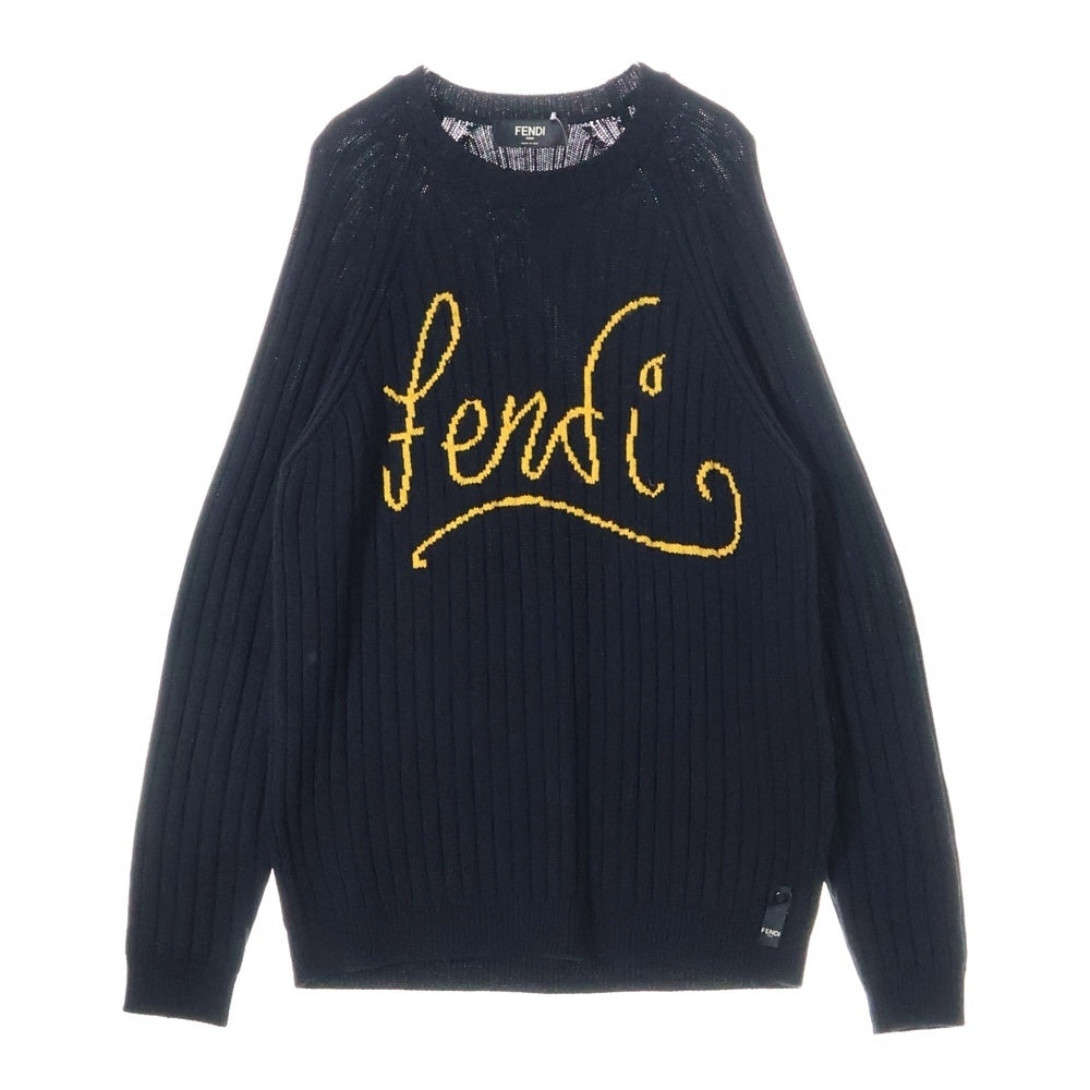 FENDI(フェンディ) FRONT LOGO SWEATER フロント筆記ロゴ刺繍クルーネックニットセーター ブラック