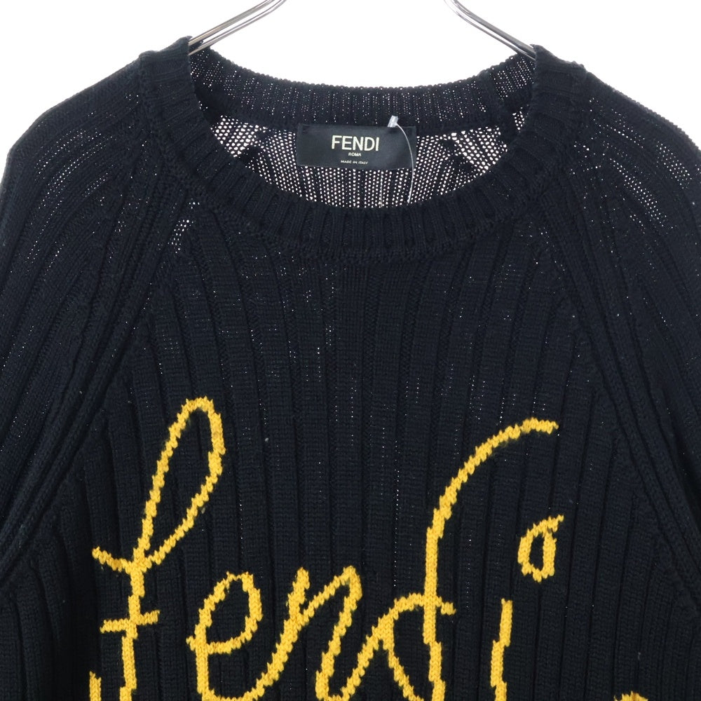FENDI(フェンディ) FRONT LOGO SWEATER フロント筆記ロゴ刺繍クルーネックニットセーター ブラック