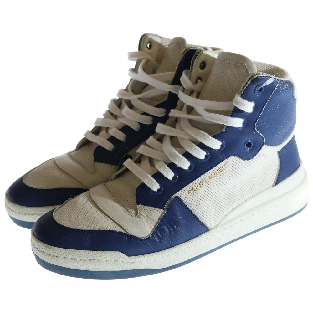 SAINT LAURENT PARIS(サンローランパリ) Perforated Leather High-Top Sneakers 610618 レザー ロゴ ハイカットスニーカー ブルー/ホワイト