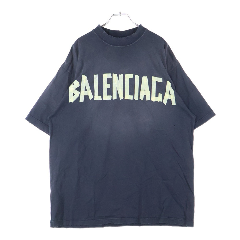BALENCIAGA(バレンシアガ) デストロイ加工 テープロゴクルーネック半袖Tシャツ 半袖カットソー ブラック 739784 T0VA9