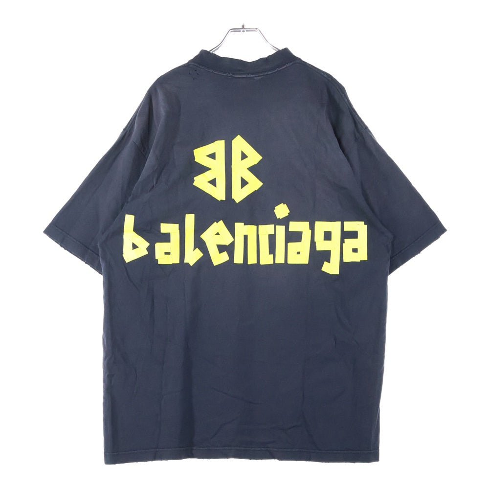 BALENCIAGA(バレンシアガ) デストロイ加工 テープロゴクルーネック半袖Tシャツ 半袖カットソー ブラック 739784 T0VA9