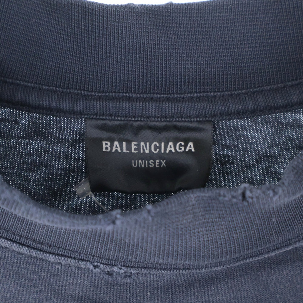 BALENCIAGA(バレンシアガ) デストロイ加工 テープロゴクルーネック半袖Tシャツ 半袖カットソー ブラック 739784 T0VA9