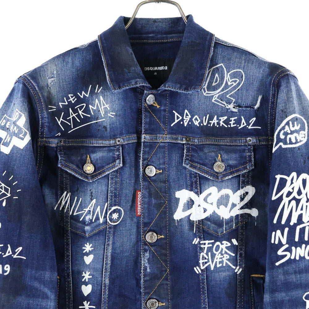 DSQUARED2(ディースクエアード) 22SS ARK GRAFFITI WASH DENIM JACKET Dan Jean Jacket ペイントダメージ加工デニムジャケット ジージャン インディゴ S74AM1249